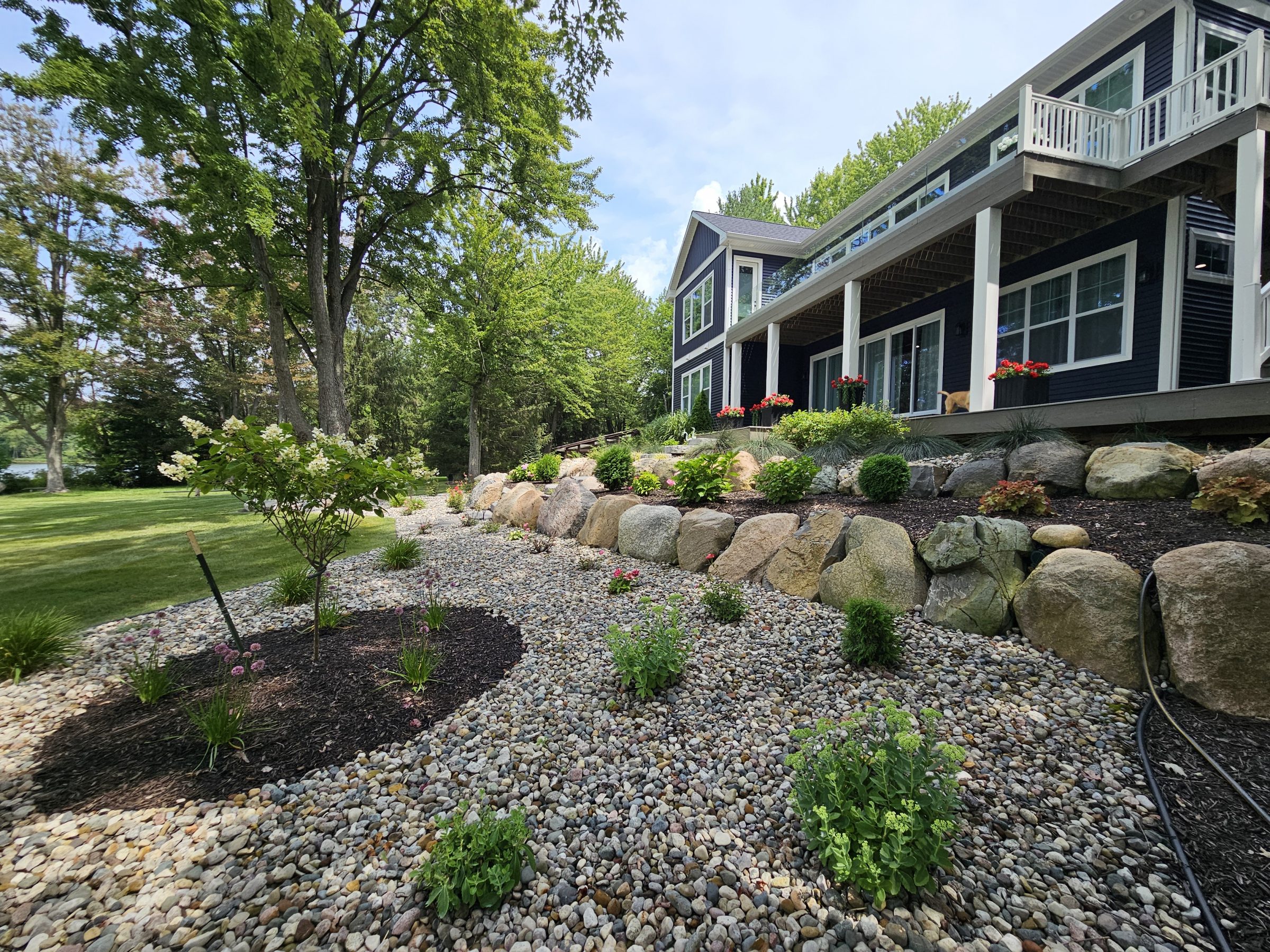 Modern house with landscaped garden and stone pathway.