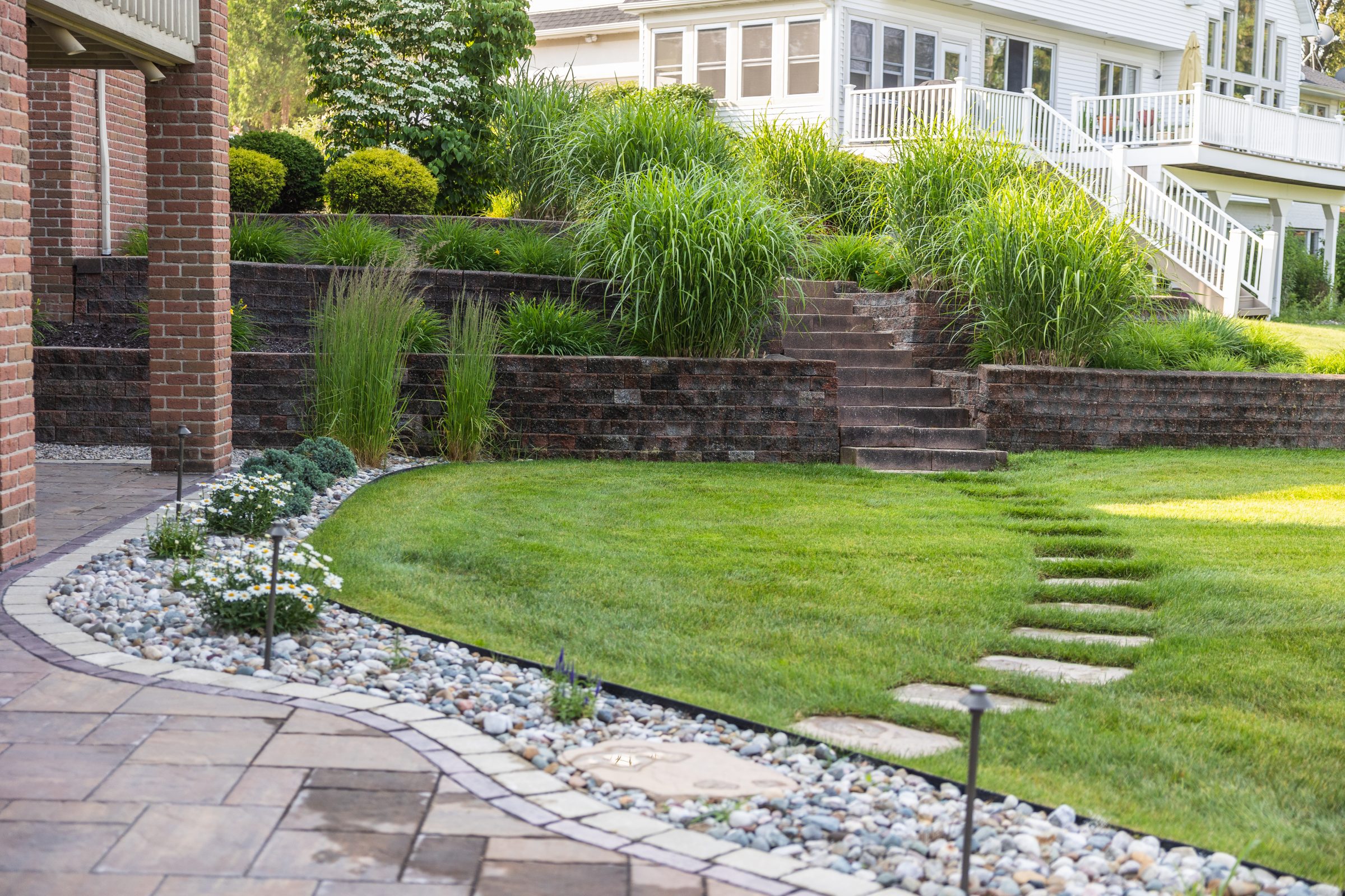 Elegant backyard garden with stone pathway steps