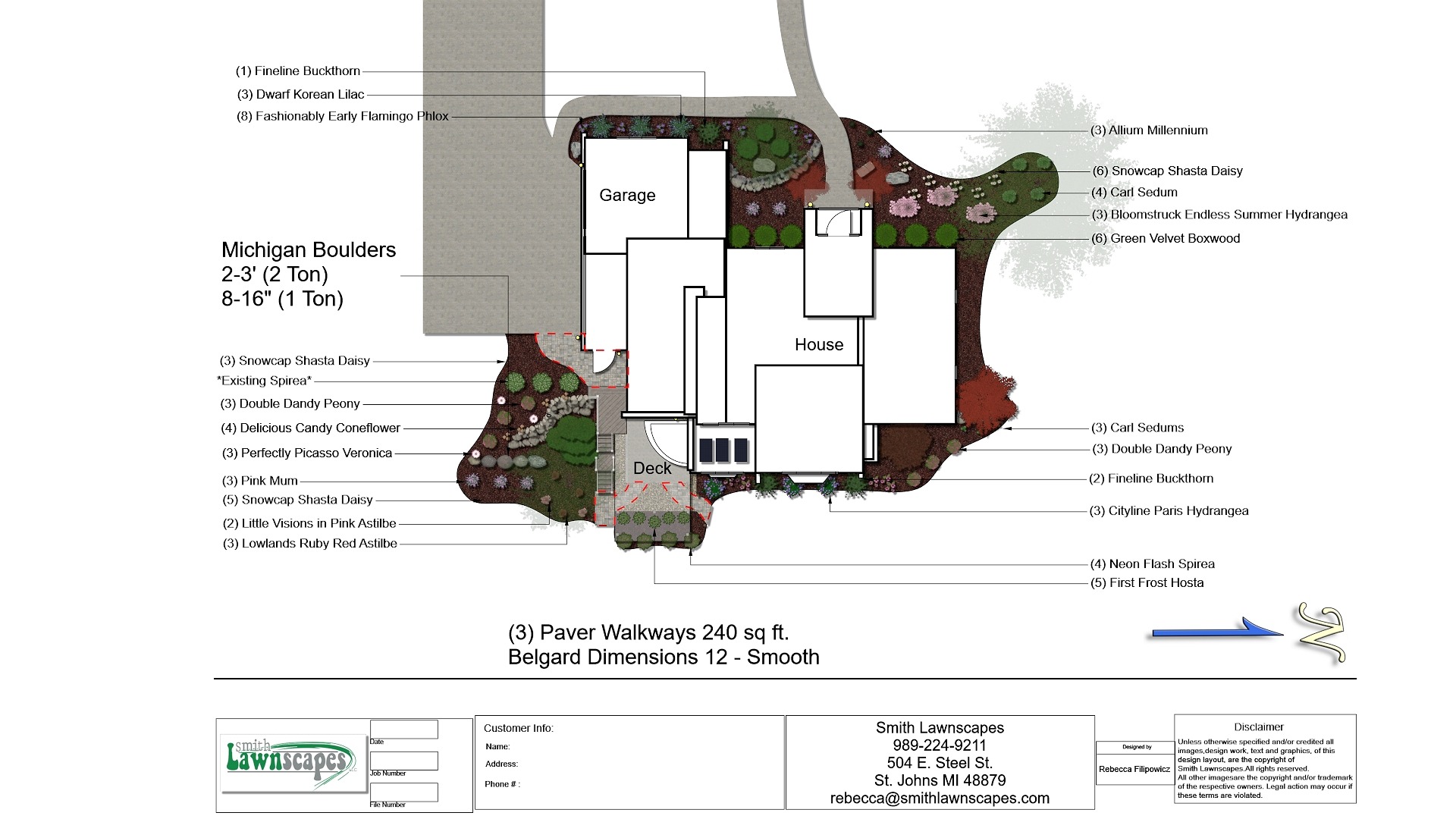 Residential landscape design with labeled plant layout.