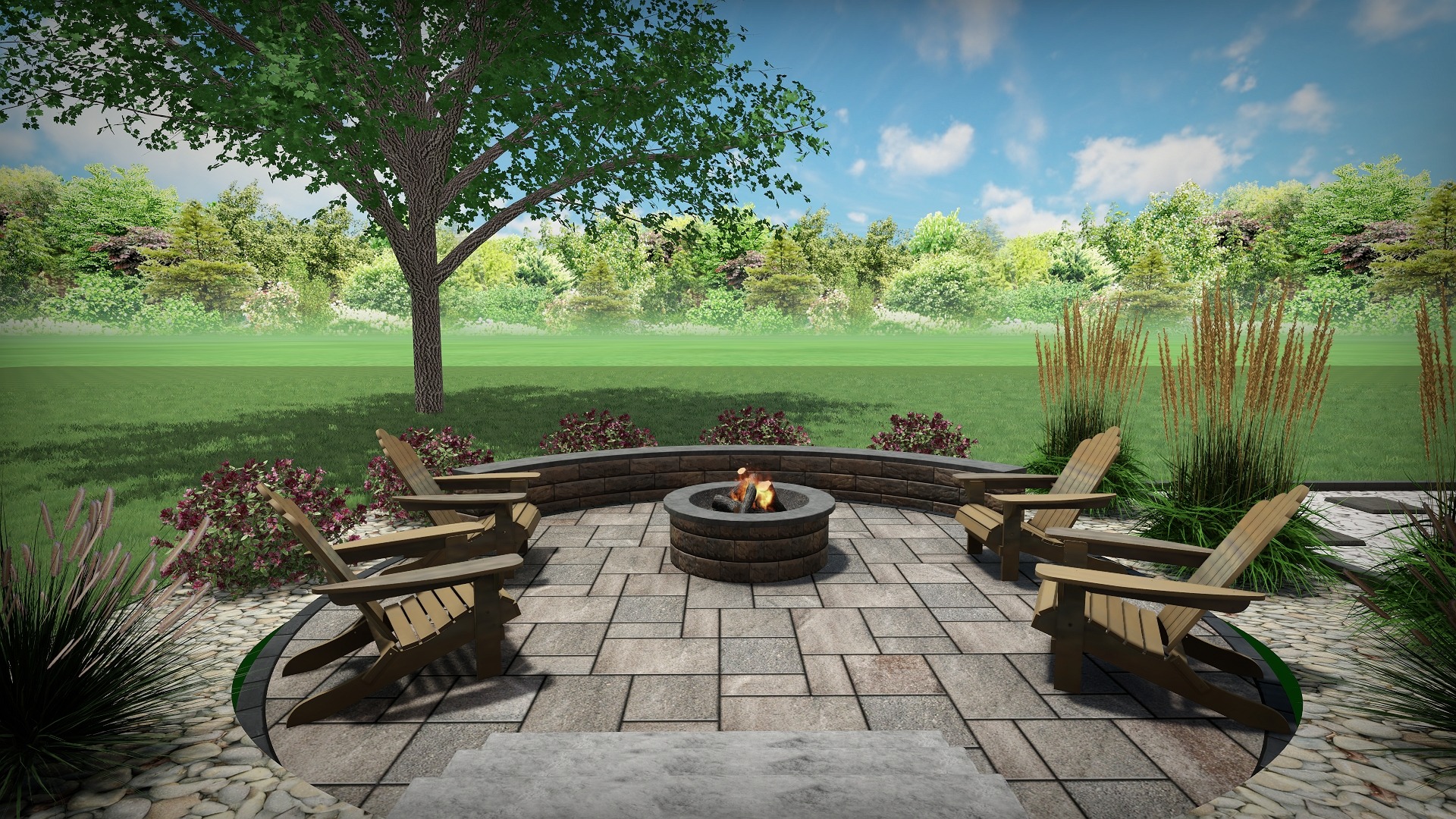 Backyard patio with fire pit and chairs.