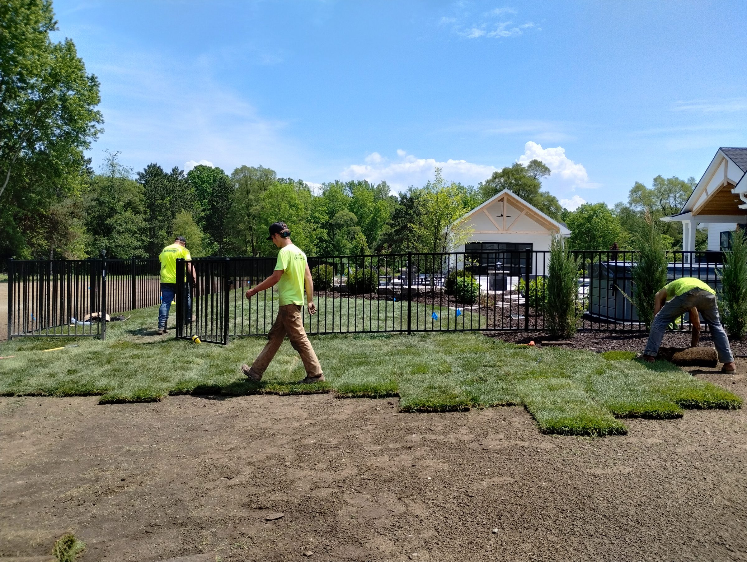 Workers installing sod in residential backyard