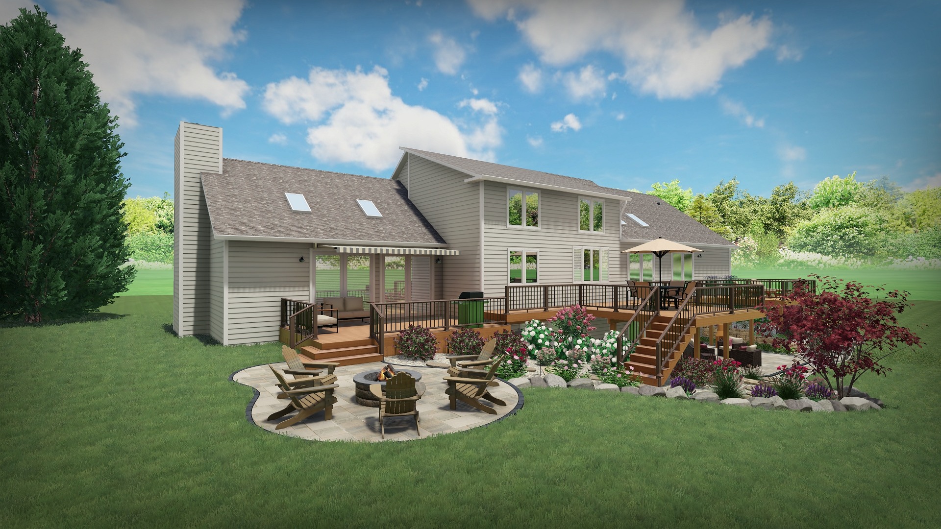 Modern home with spacious backyard and patio area.