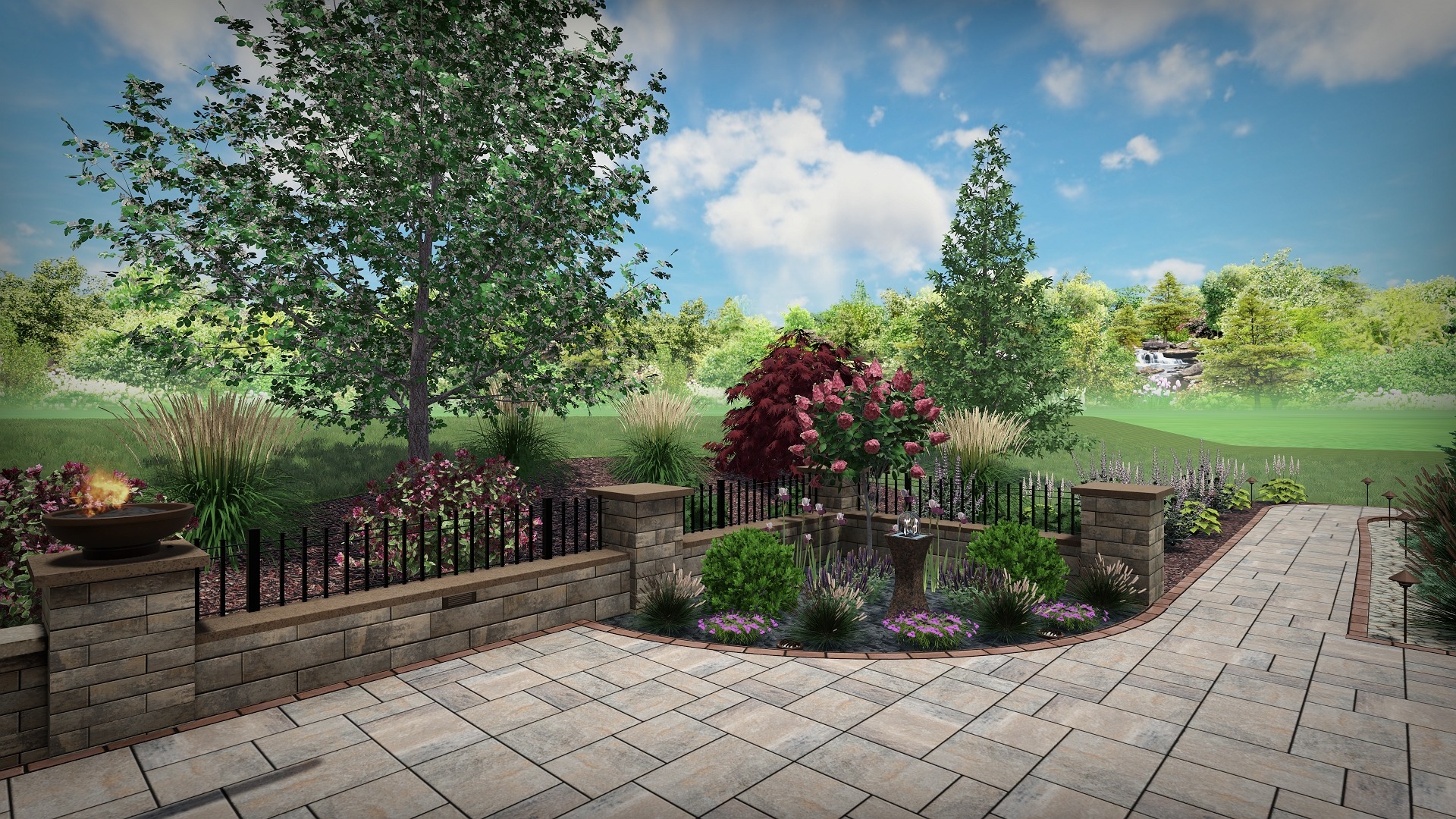 Beautiful landscaped garden with trees and flowers.