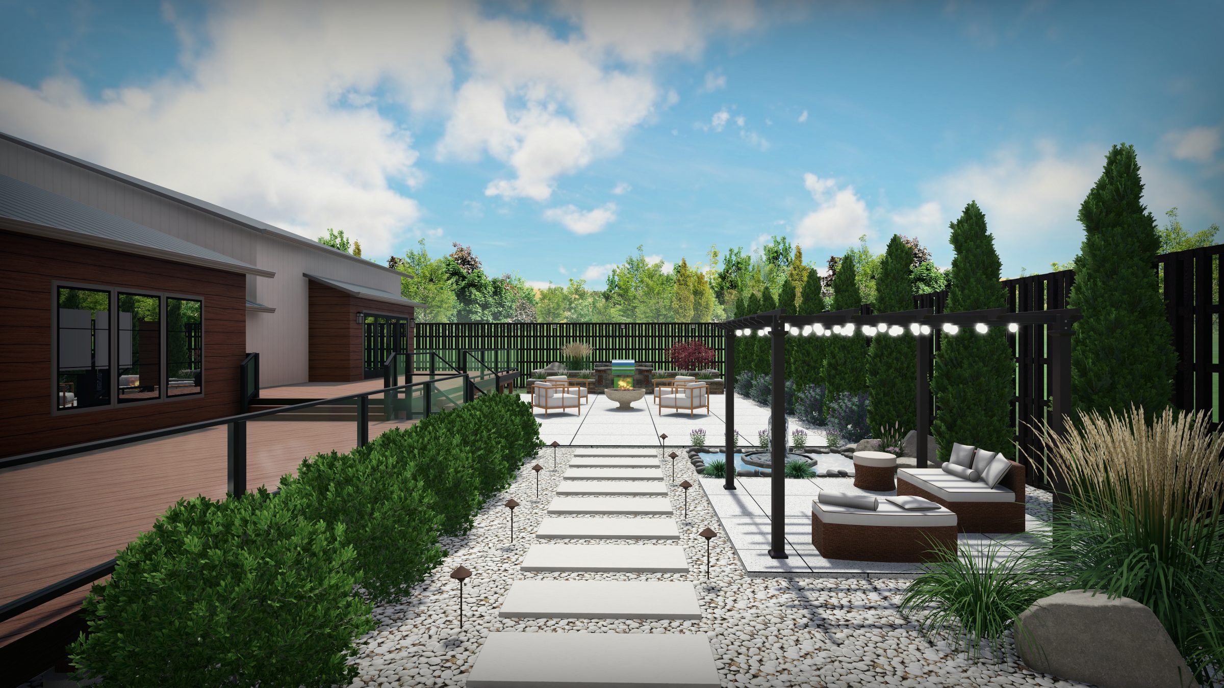 Modern patio with seating and greenery.