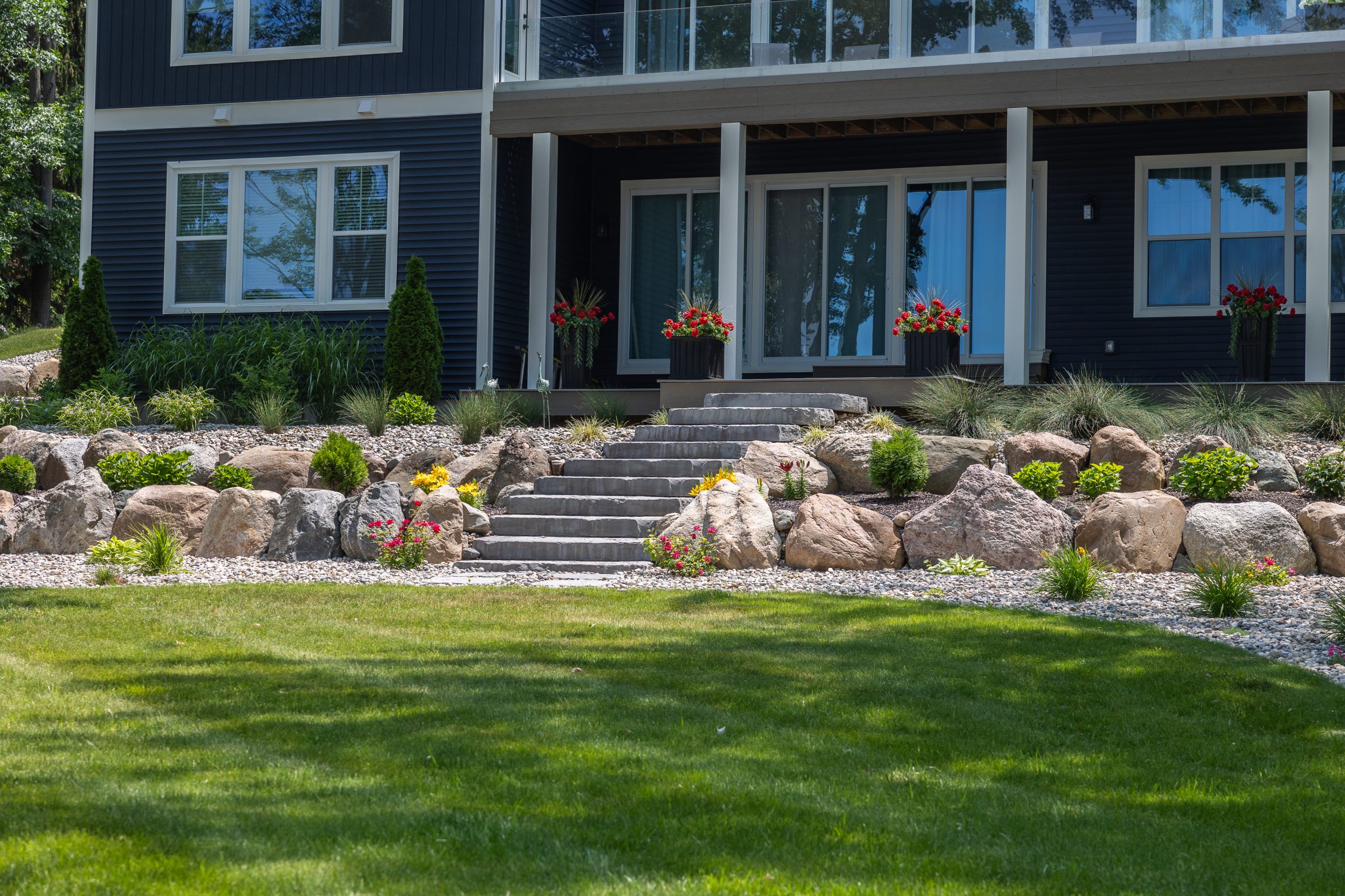 Modern house with landscaped stone garden