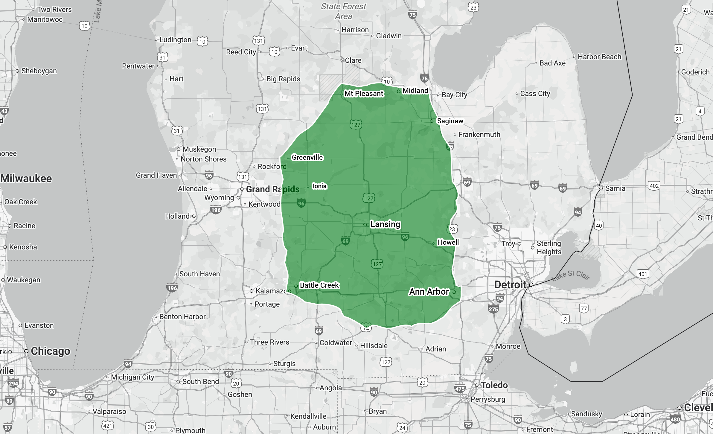 Map highlighting area from Grand Rapids to Detroit.