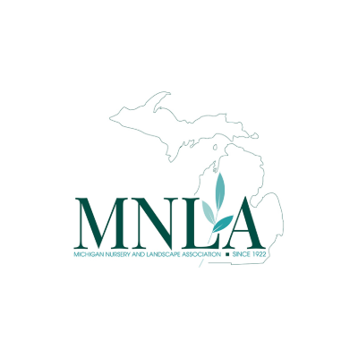MNLA logo, Michigan Nursery Landscape Association, map background.
