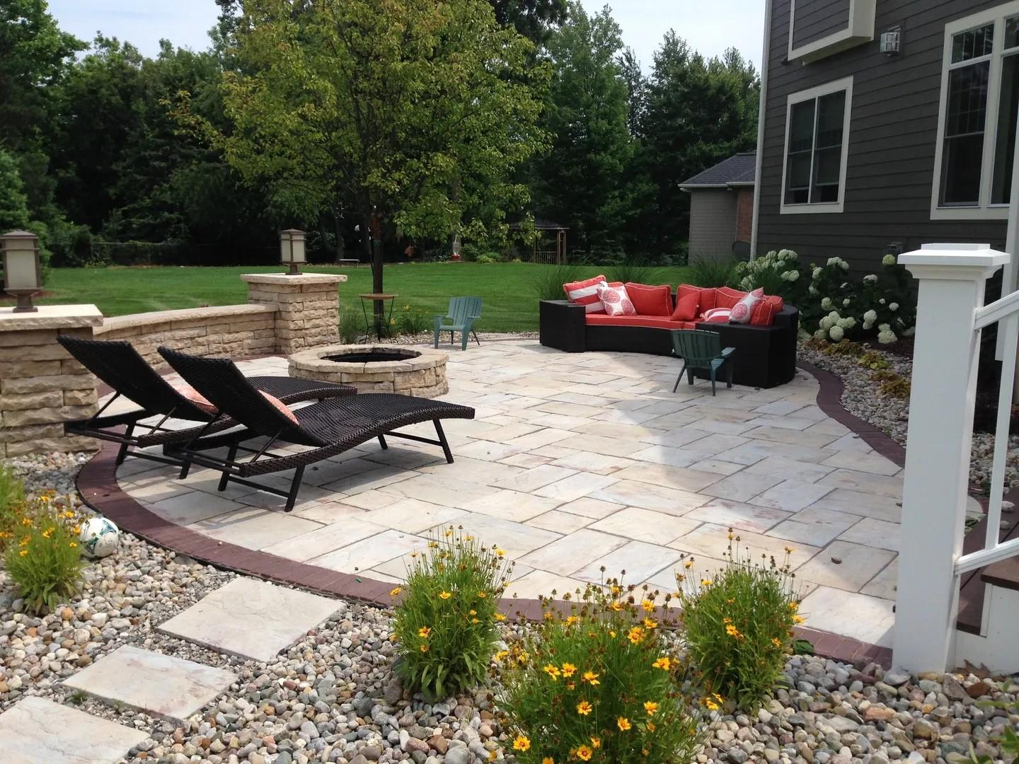 Backyard paver patio with fire pit and outdoor seating area