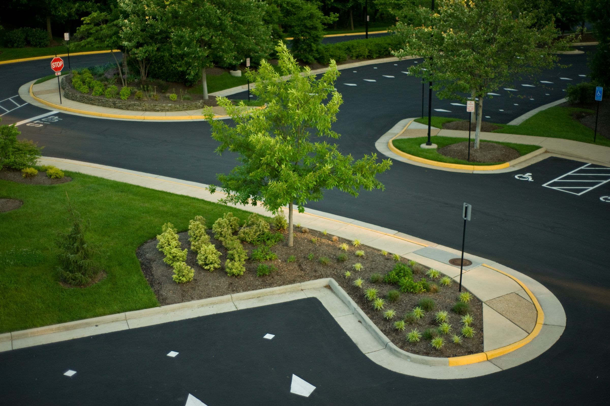 Empty parking lot with green landscaping.
