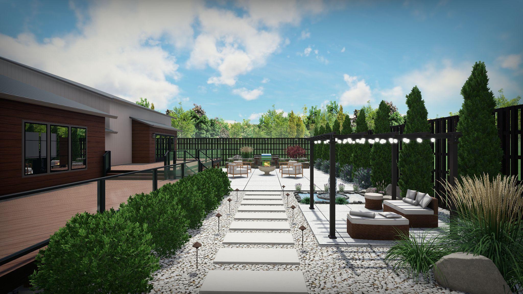 Modern backyard design with pergola, seating, and paver walkway