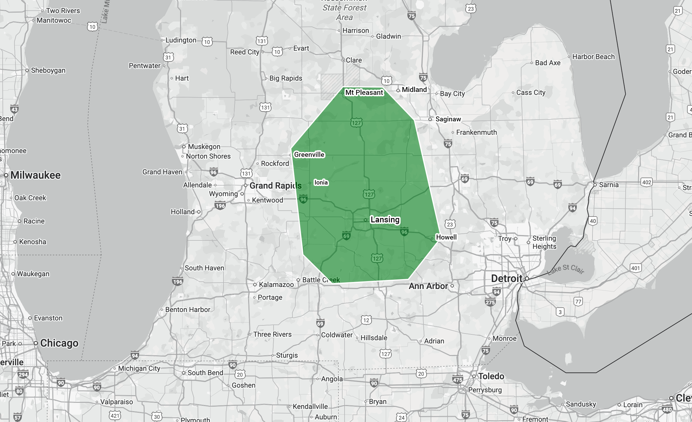 Map highlighting central Michigan service area